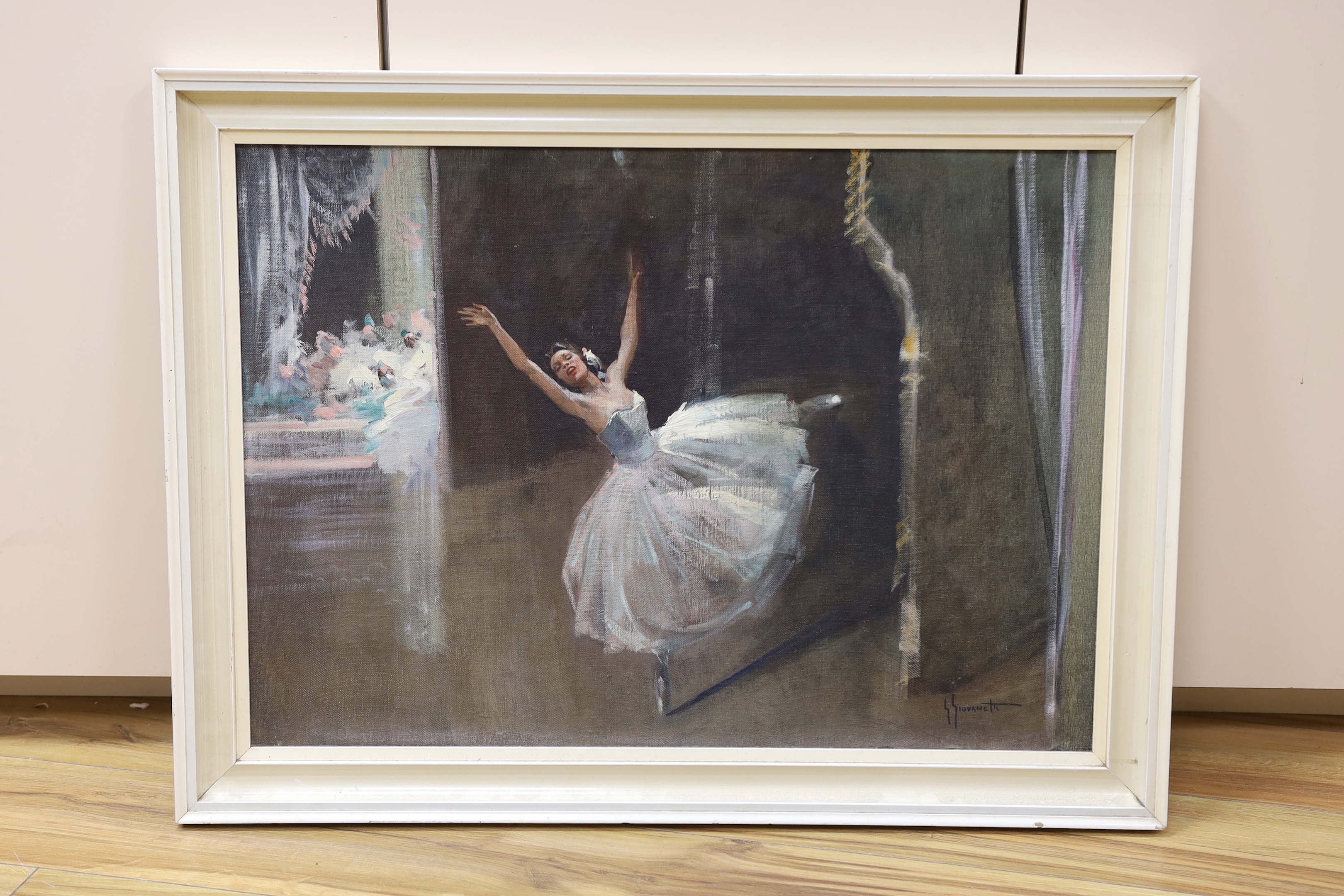 Giordano Giovanetti (Italian, 1906-1973), oil on canvas board, Ballerina on stage, signed, 49 x 69cm